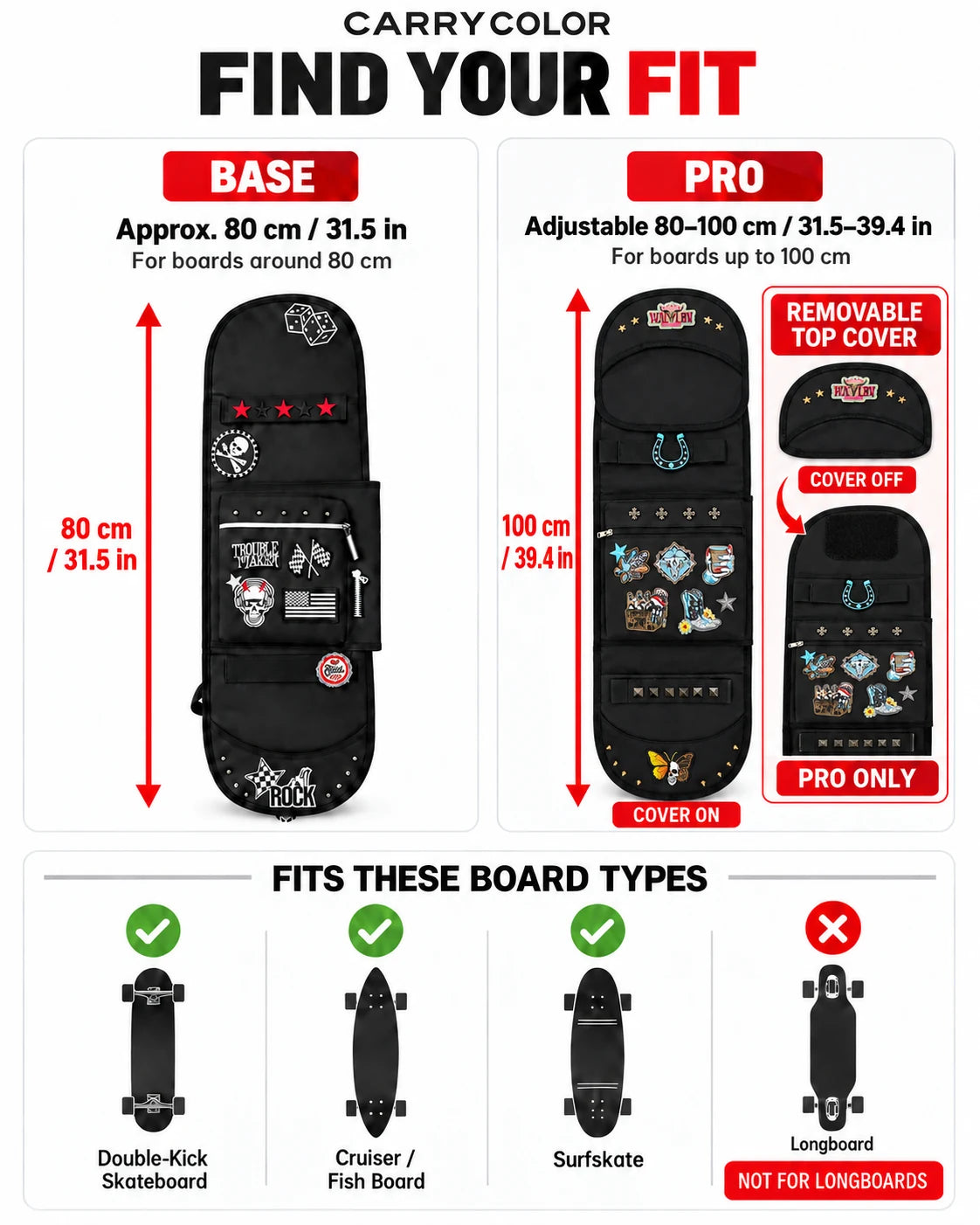 CarryColor Base and Pro skateboard bag size and compatibility guide