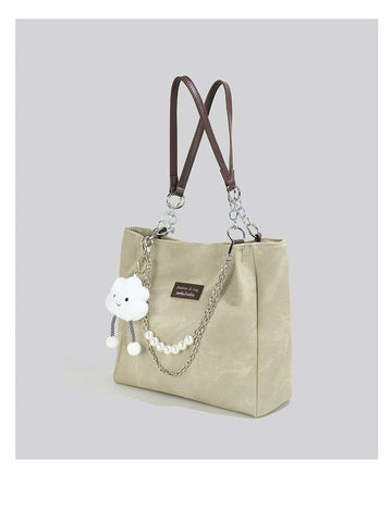 Women's Beige Tote Bag with Chain Detail & Bunny Charm