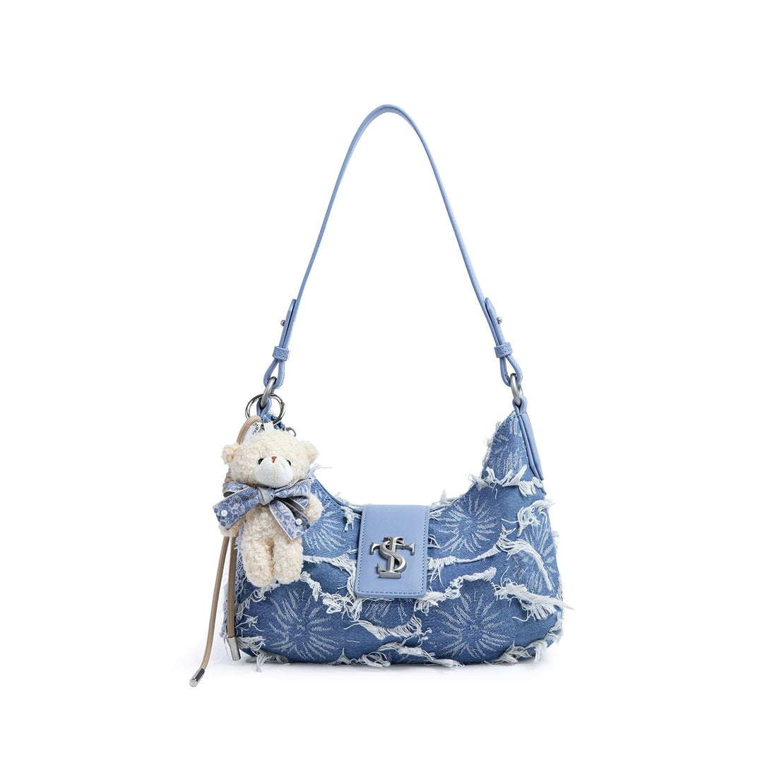 Blue denim hobo shoulder bag with brown strap, chain detail, and white teddy bear charm