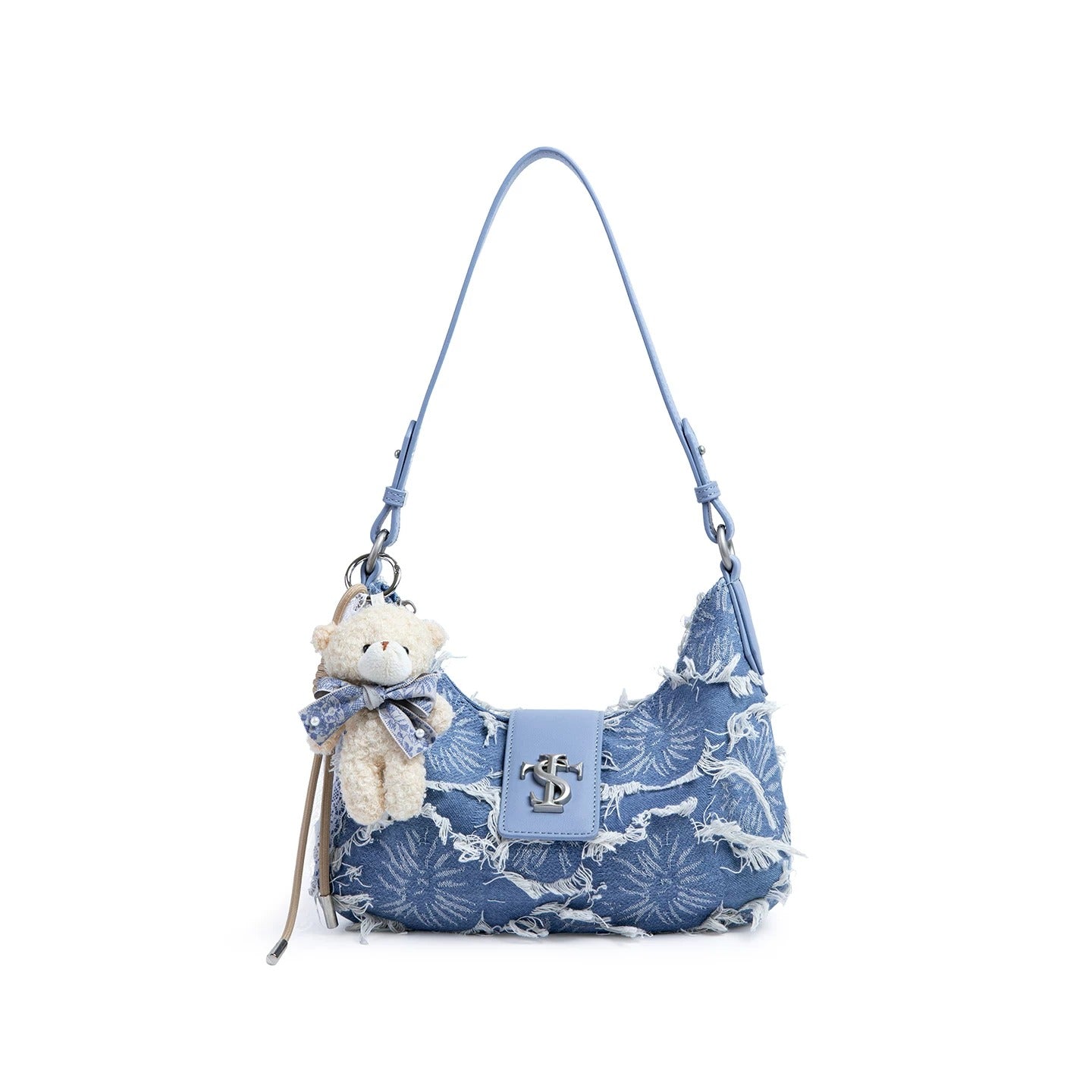 Blue denim hobo shoulder bag with brown strap, chain detail, and white teddy bear charm