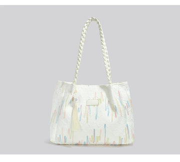 Women's Printed Tote Bag with Braided Handles & Tassel